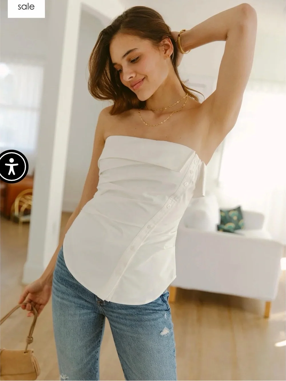 BNWT Astr Nessah White Strapless Asymmetrical Ruched Button Up Top